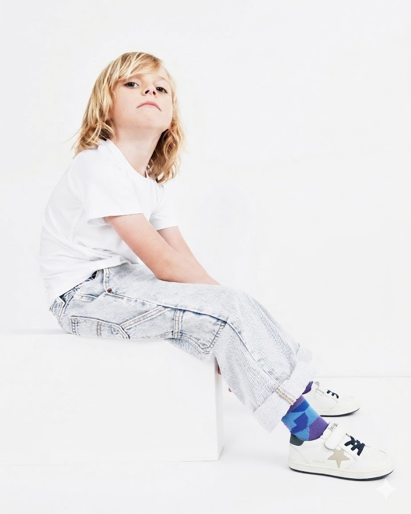 Old Soles 1006 Platinum Runner kids leather sneaker in Snow, Gris, and Navy with star detail