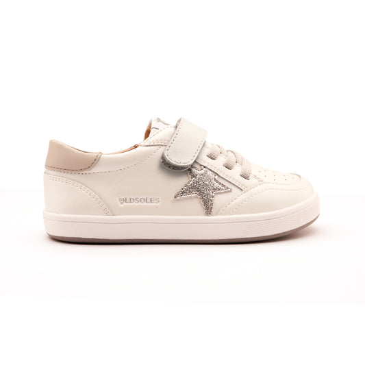 Old Soles 1006 Platinum Runner kids leather sneaker in Nacardo Blanco, Gris, and Glam Argent with star detail