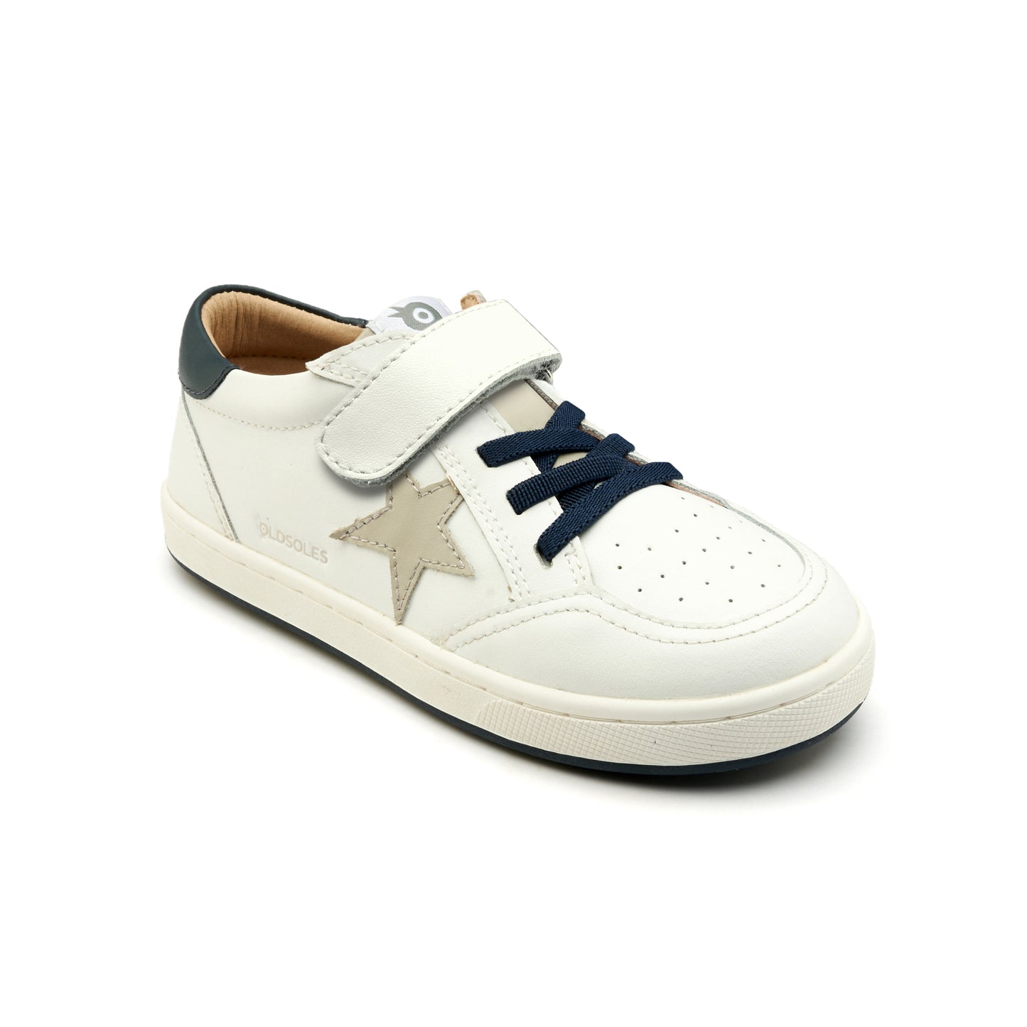 Old Soles 1006 Platinum Runner kids leather sneaker in Snow, Gris, and Navy with star detail