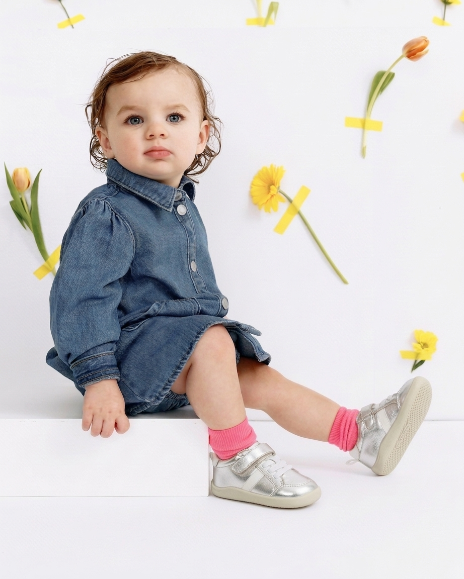 Old Soles 8083 Retro Ground kids leather shoe in Silver and Snow with rubber sole detail