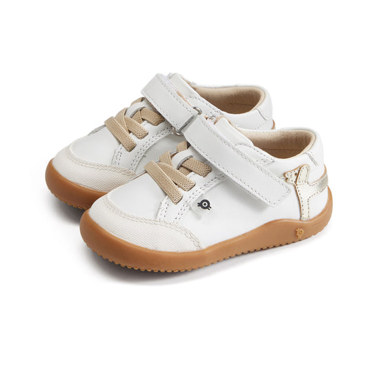 Old Soles 8089 Dash Ground kids leather shoe in Snow and Gold with rubber sole detail