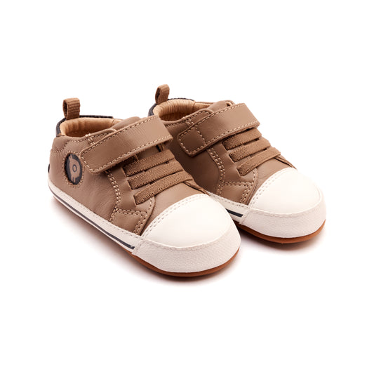 Old Soles 0076RT Team Bub baby leather shoe in Taupe and Navy with sporty detail