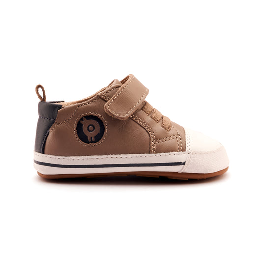 Old Soles 0076RT Team Bub baby leather shoe in Taupe and Navy with sporty detail