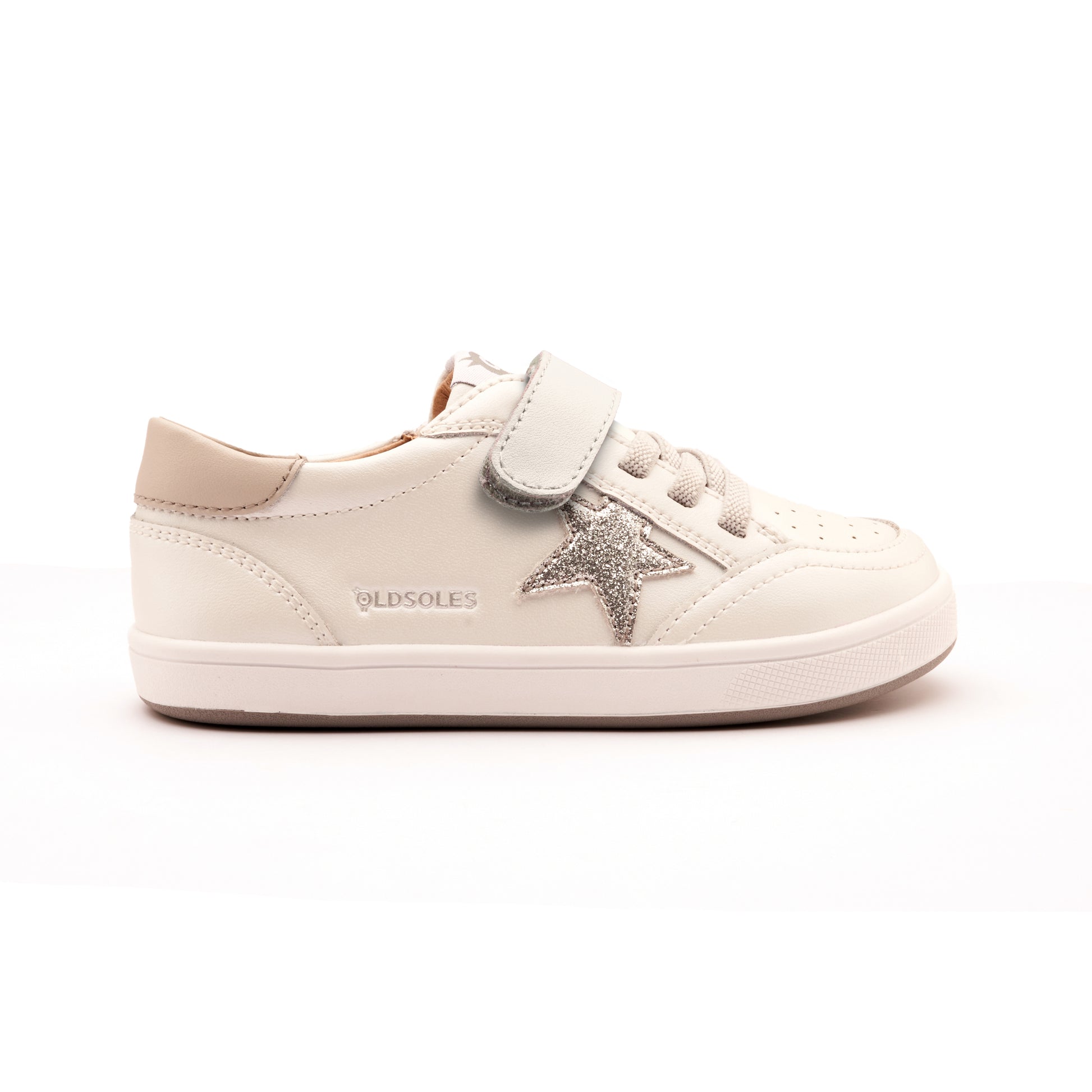 Old Soles 1006 Platinum Runner kids leather sneaker in Nacardo Blanco, Gris, and Glam Argent with star detail