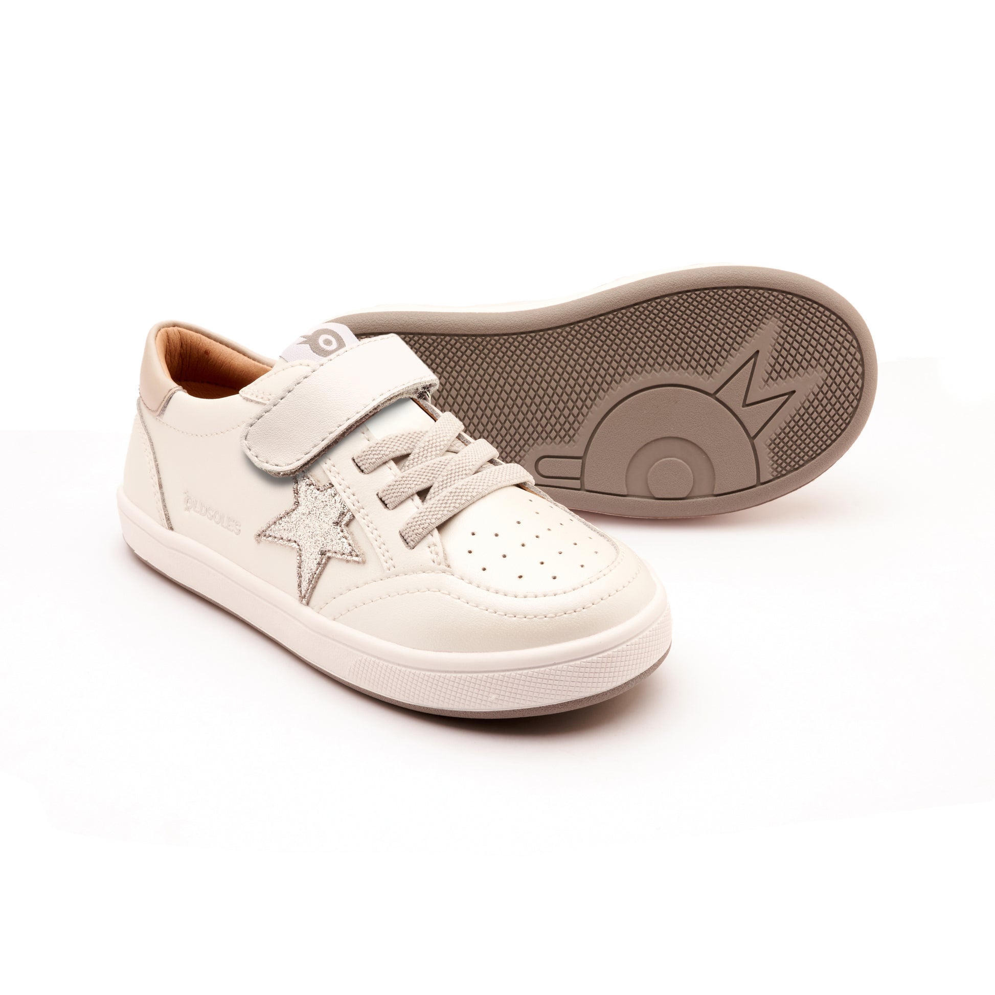 Old Soles 1006 Platinum Runner kids leather sneaker in Nacardo Blanco, Gris, and Glam Argent with star detail