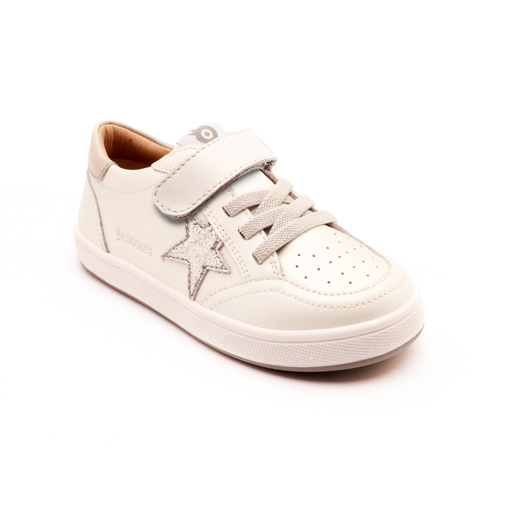 Old Soles 1006 Platinum Runner kids leather sneaker in Nacardo Blanco, Gris, and Glam Argent with star detail