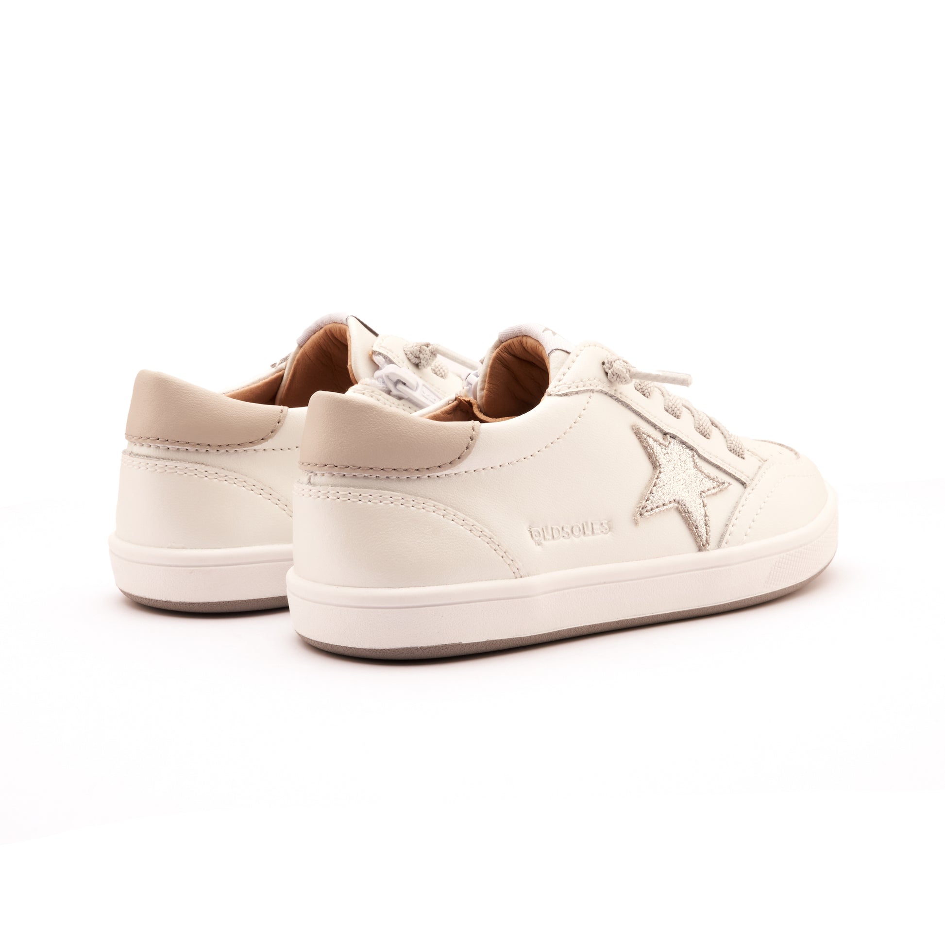 Old Soles 1006 Platinum Runner kids leather sneaker in Nacardo Blanco, Gris, and Glam Argent with star detail