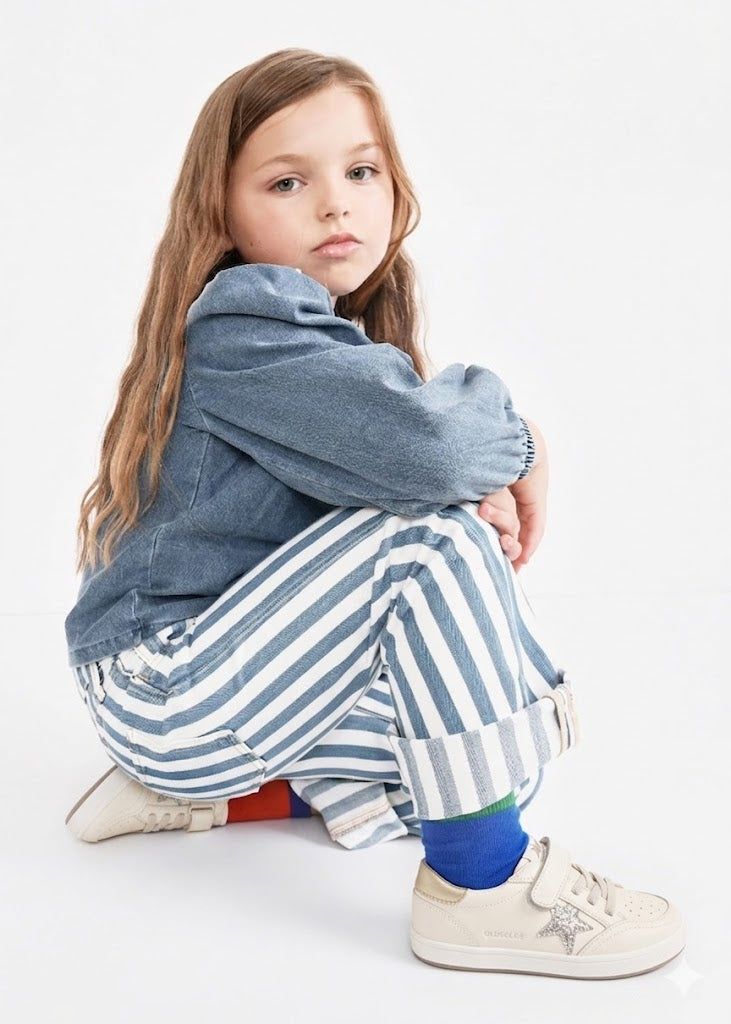 Old Soles 1006 Platinum Runner kids leather sneaker in Nacardo Blanco, Gris, and Glam Argent with star detail