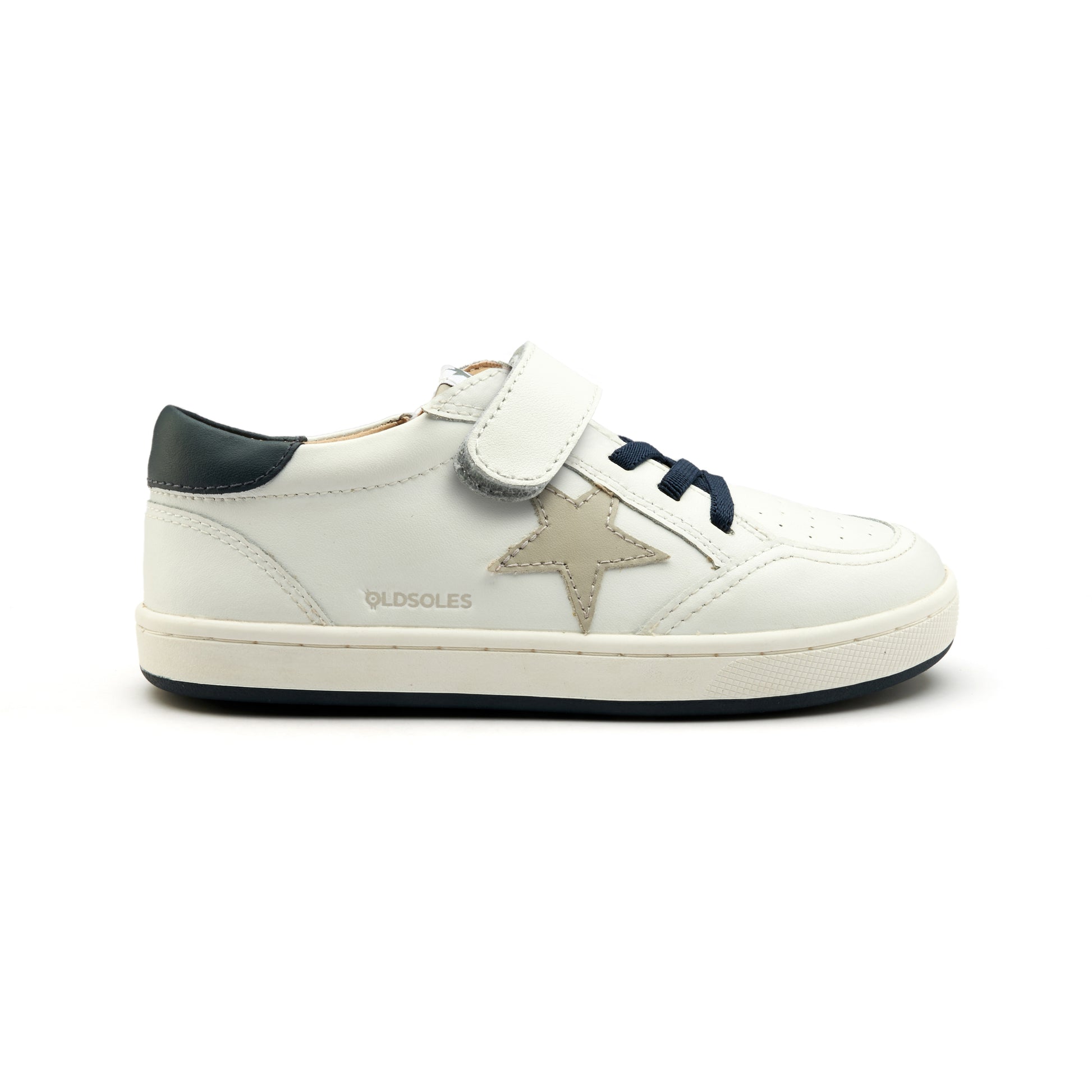 Old Soles 1006 Platinum Runner kids leather sneaker in Snow, Gris, and Navy with star detail
