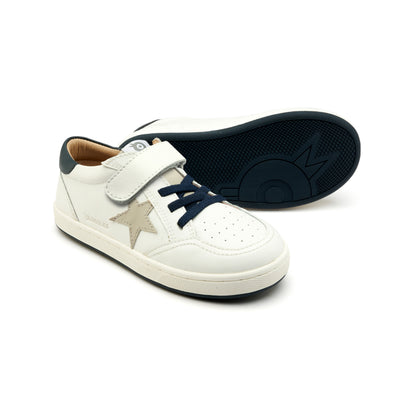 Old Soles 1006 Platinum Runner kids leather sneaker in Snow, Gris, and Navy with star detail