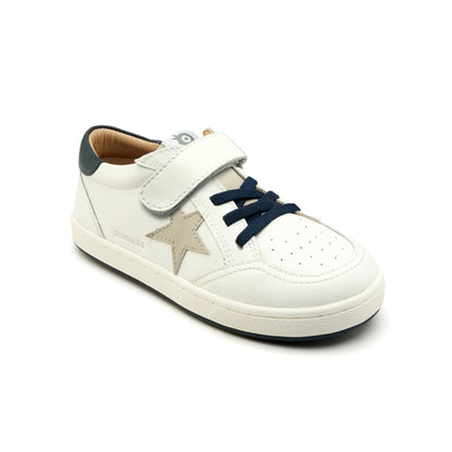 Old Soles 1006 Platinum Runner kids leather sneaker in Snow, Gris, and Navy with star detail
