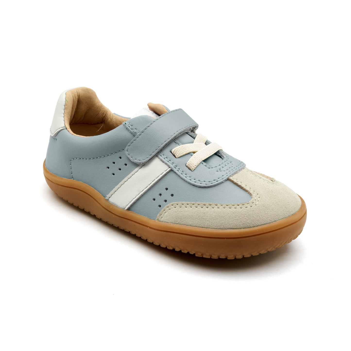 Old Soles 6500 Stylin Barewalk kids leather barefoot shoe in Dusty Blue, Snow, and Suede Light Grey with barefoot design