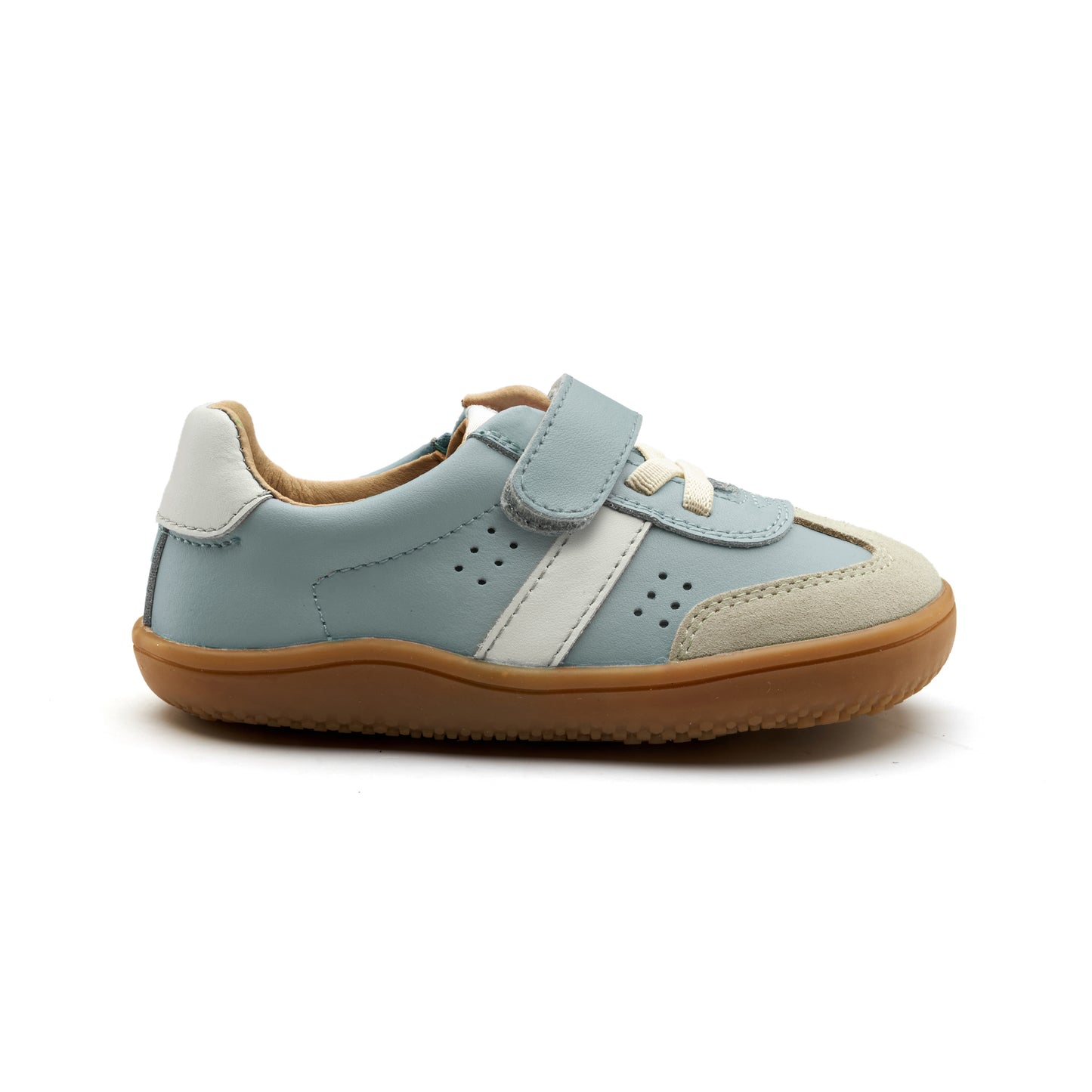 Old Soles 6500 Stylin Barewalk kids leather barefoot shoe in Dusty Blue, Snow, and Suede Light Grey with barefoot design