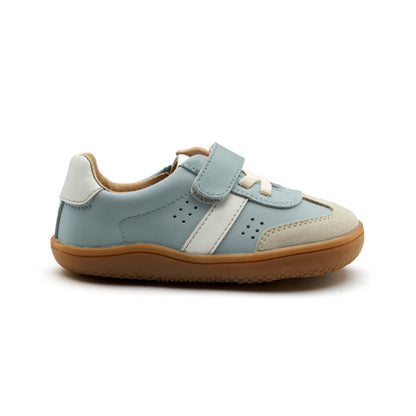 Old Soles 6500 Stylin Barewalk kids leather barefoot shoe in Dusty Blue, Snow, and Suede Light Grey with barefoot design