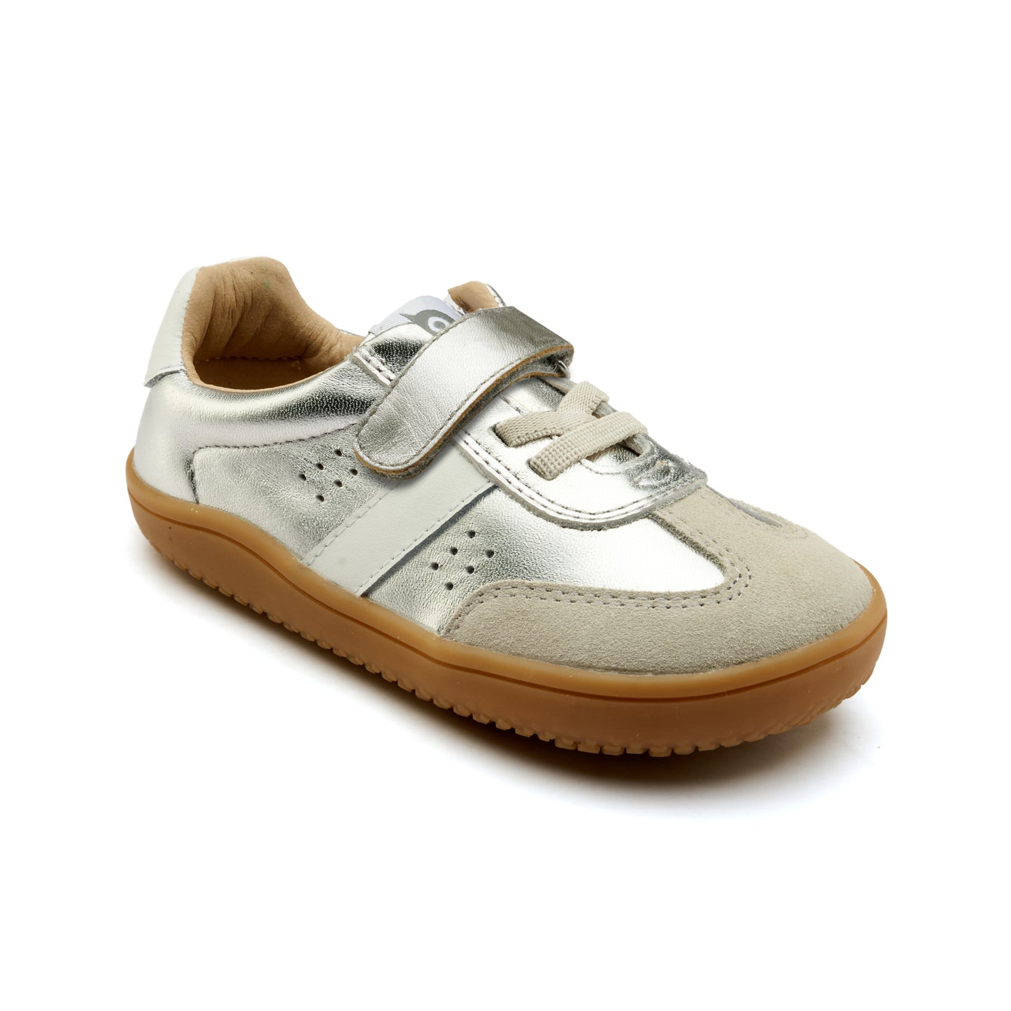 Old Soles 6500 Stylin Barewalk kids leather barefoot shoe in Silver, Snow, and Suede Light Grey with barefoot design