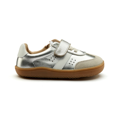 Old Soles 6500 Stylin Barewalk kids leather barefoot shoe in Silver, Snow, and Suede Light Grey with barefoot design