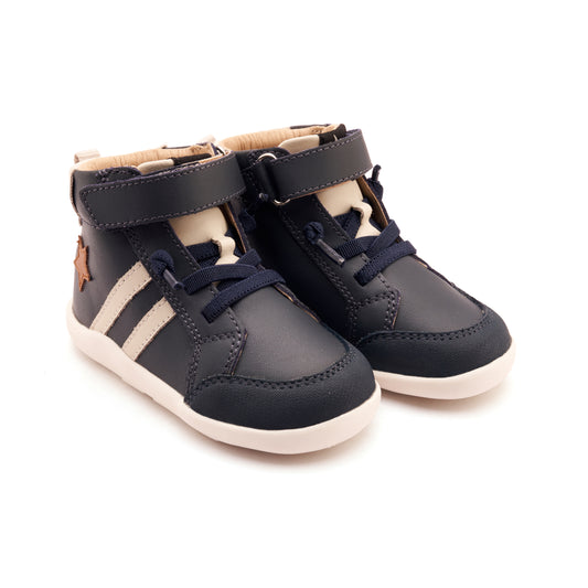 Old Soles 8068 Boss Ground kids leather shoe in Navy, Tan, and Sporco with rubber sole detail