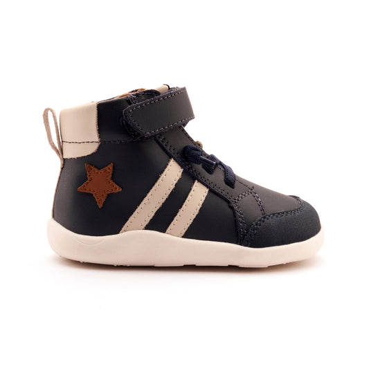 Old Soles 8068 Boss Ground kids leather shoe in Navy, Tan, and Sporco with rubber sole detail
