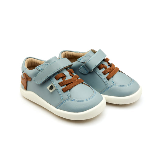 Old Soles 8089 Dash Ground kids leather shoe in Dusty Blue and Tan with rubber sole detail