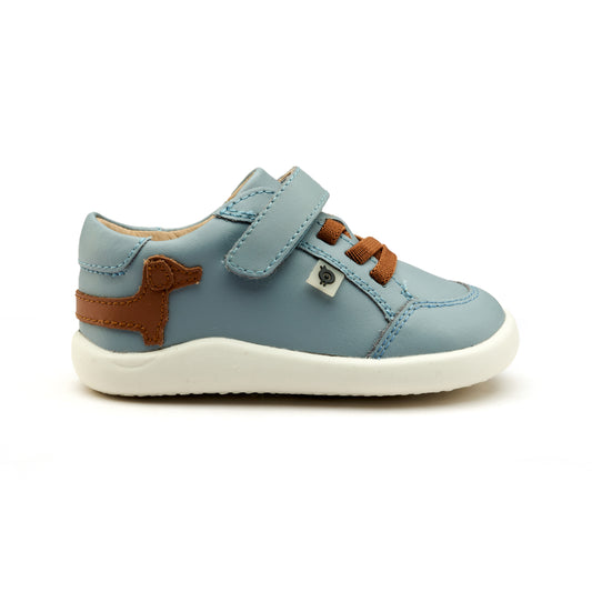 Old Soles 8089 Dash Ground kids leather shoe in Dusty Blue and Tan with rubber sole detail